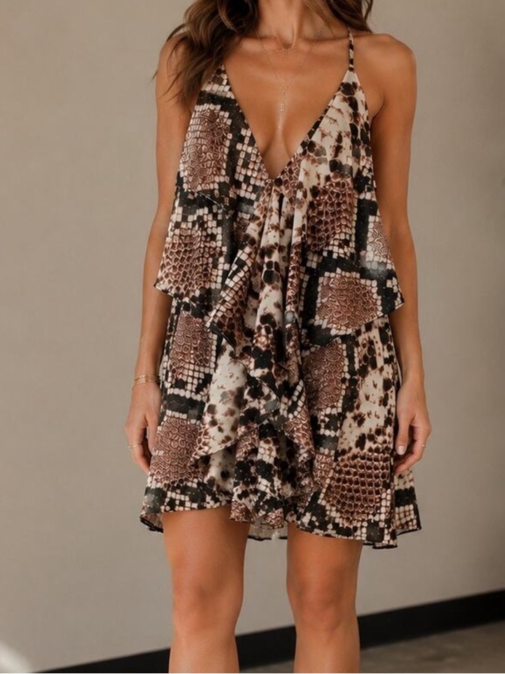 Olivaceous Brown & Black Animal Print Snake Ruffle Halter Mini Dress Large